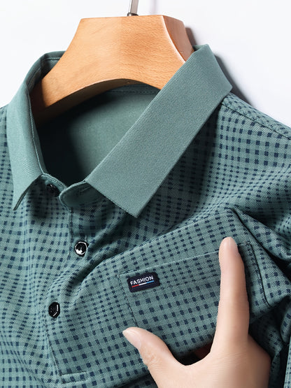 Close-up of Jiskavi teal green polo collar and micro check fabric