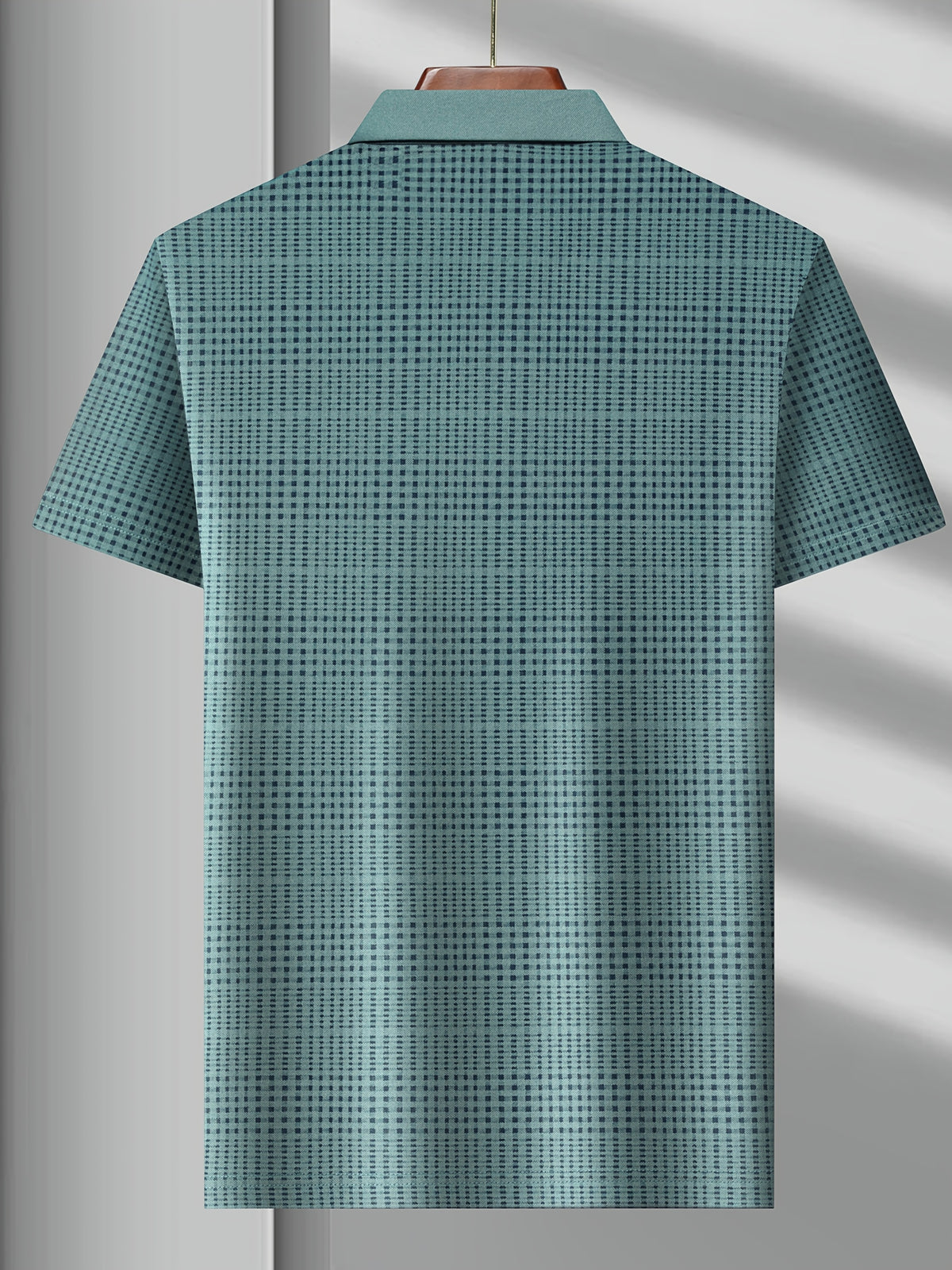 Back view of Jiskavi teal green micro check polo T-shirt on hanger