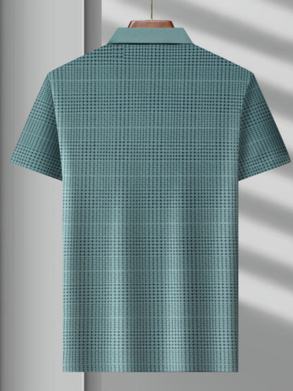 Back view of Jiskavi teal green micro check polo T-shirt on hanger