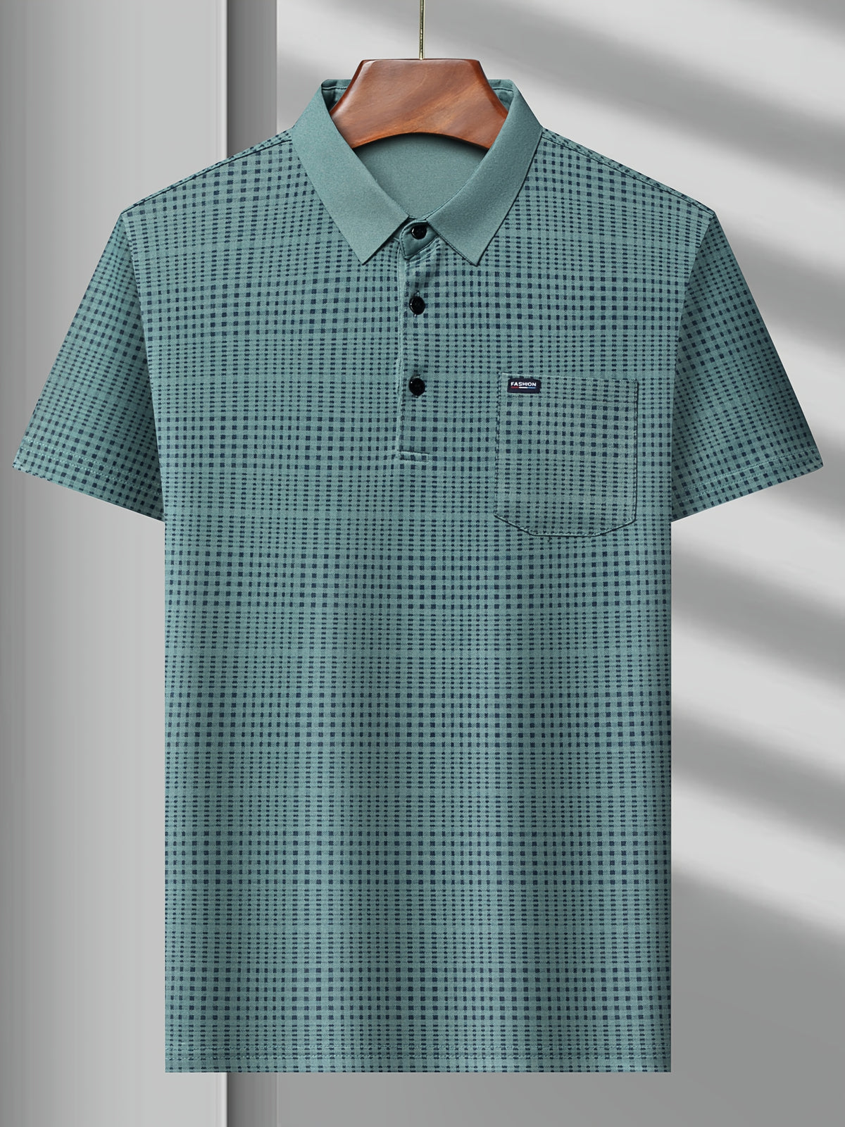 Front view of Jiskavi teal green micro check half sleeve polo T-shirt on hanger