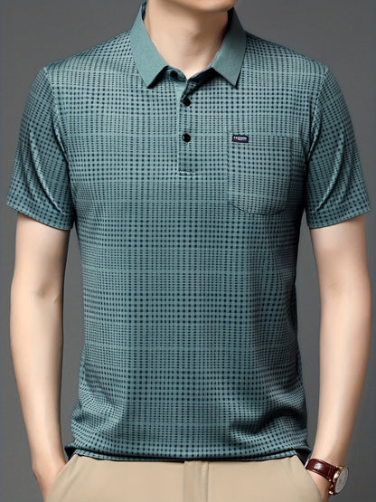 Jiskavi men's teal green micro check polo T-shirt back model view