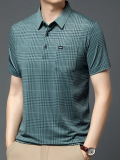 Jiskavi men's teal green micro check half sleeve polo T-shirt front model view