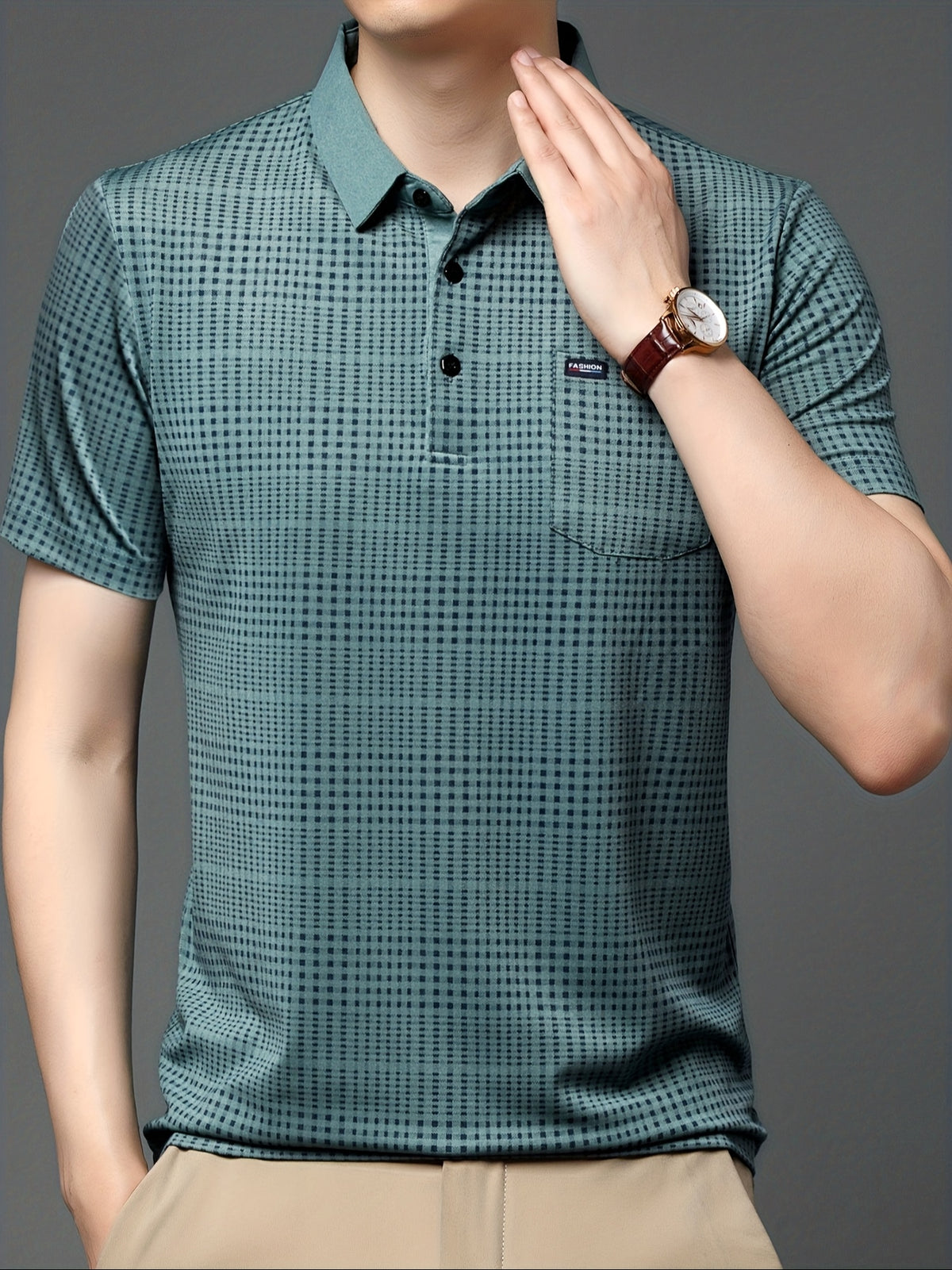 Side model view of Jiskavi men's teal green micro check short sleeve polo T-shirt