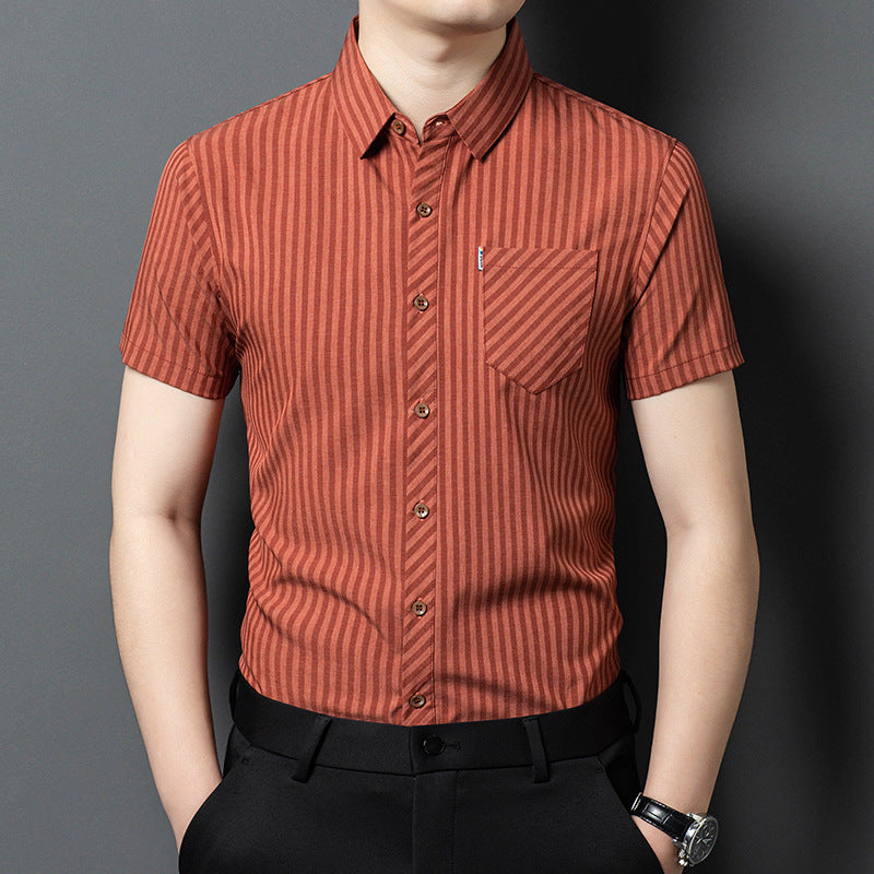 Terracotta Rust Pinstripe Linen-Feel Short Sleeve Shirt