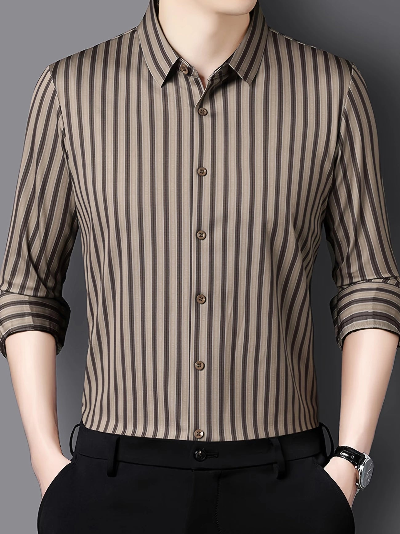 Jiskavi Vintage Khaki Brown Stripe Slim Fit Shirt – Front View