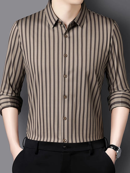 Jiskavi Vintage Khaki Brown Stripe Slim Fit Shirt – Front View