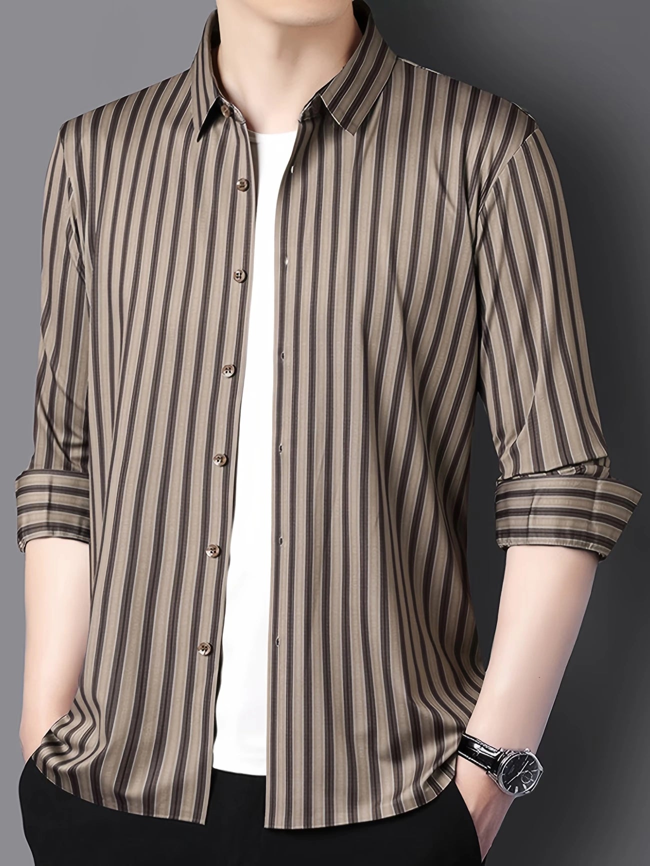 Jiskavi Khaki Stripe Shirt – Full Body Model View