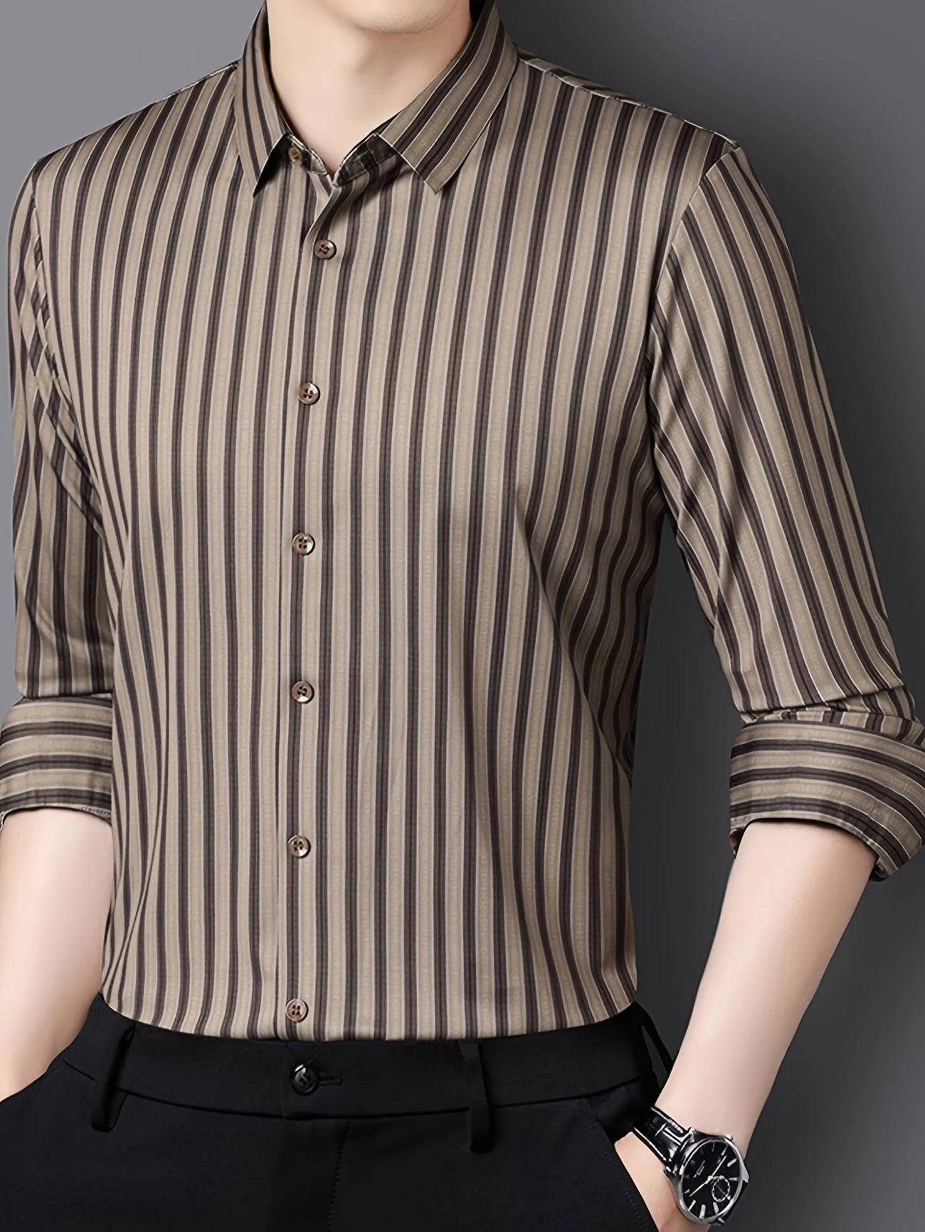 Jiskavi Vintage Khaki Pinstripe Shirt – Rolled Sleeve Style
