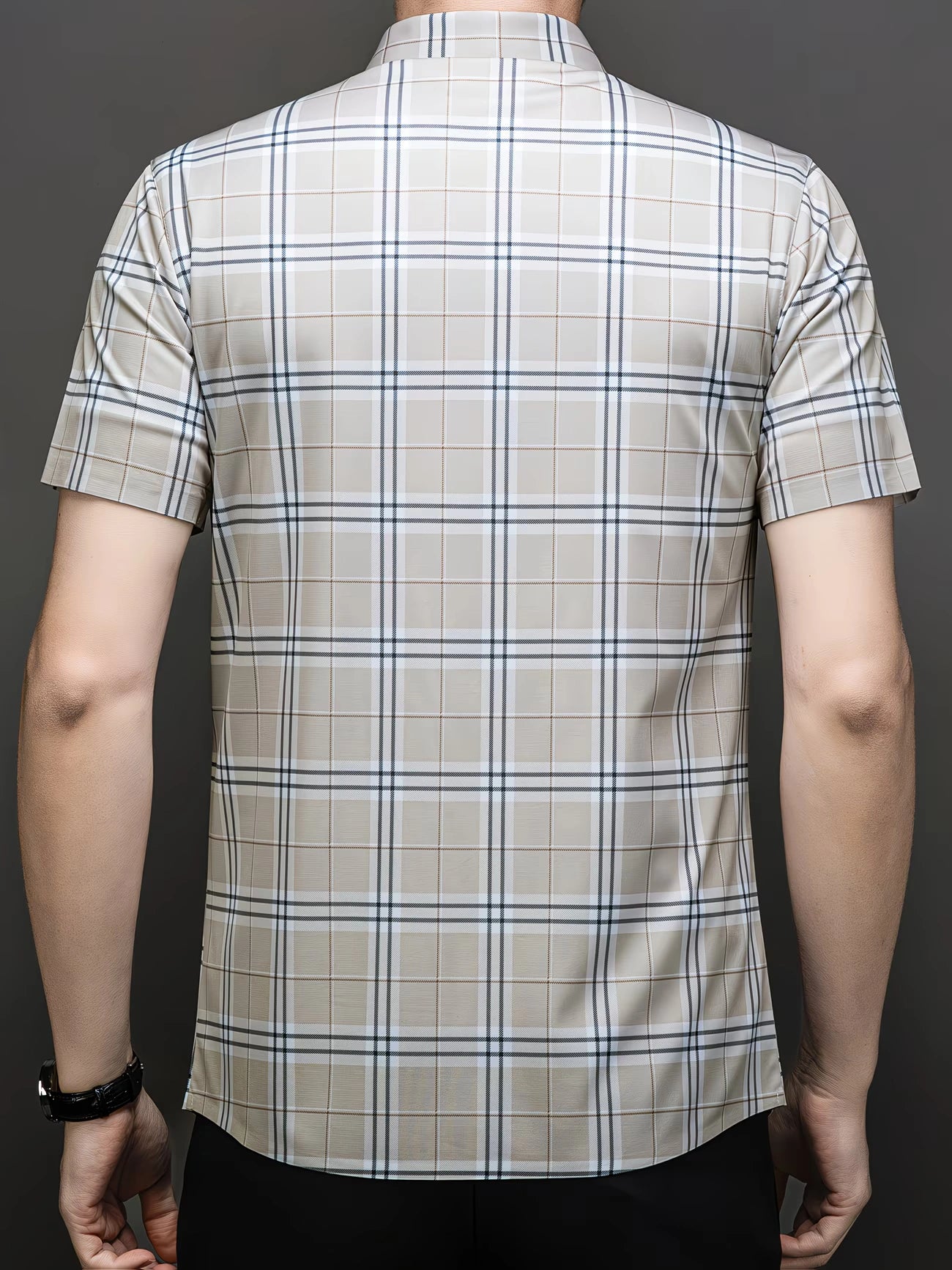 Jiskavi warm beige heritage tartan plaid half sleeve slim fit shirt — back view showing full uninterrupted plaid