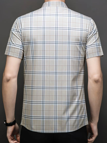 Jiskavi warm beige heritage tartan plaid half sleeve slim fit shirt — back view showing full uninterrupted plaid