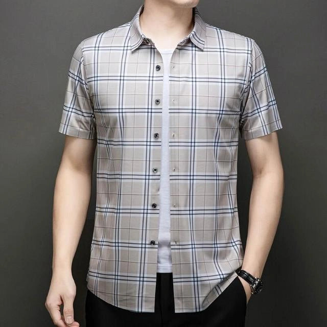 Jiskavi warm beige large check slim fit half sleeve stretch cotton shirt — close fit view on model