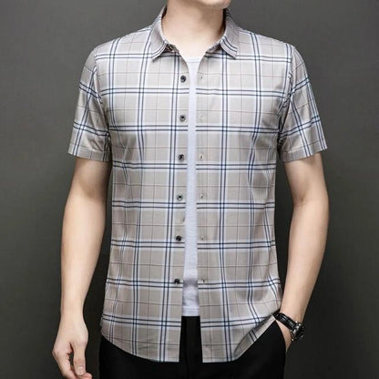 Jiskavi warm beige large check slim fit half sleeve stretch cotton shirt — close fit view on model