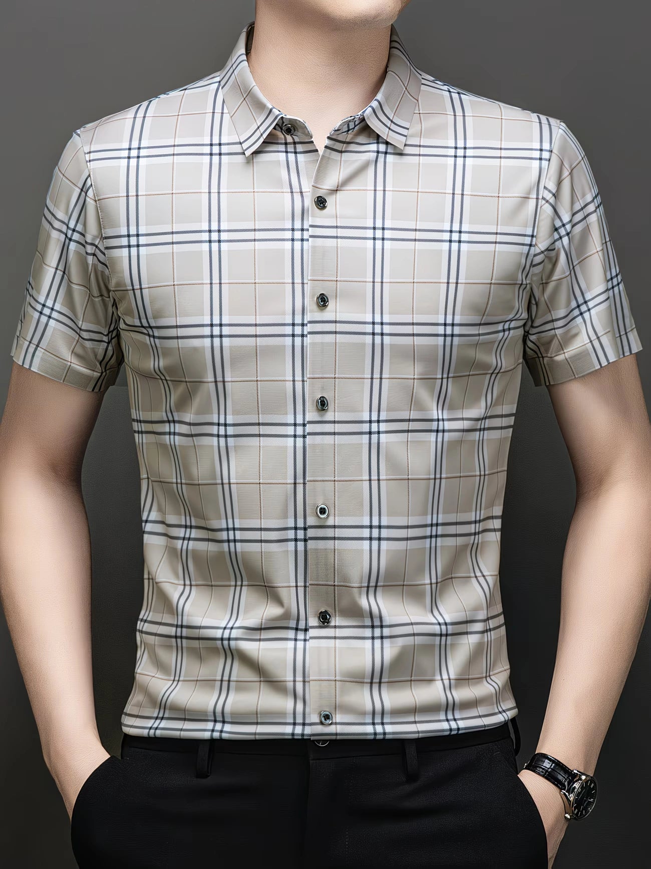 Jiskavi warm beige large plaid check slim fit half sleeve men's shirt — front view on model with black trousers