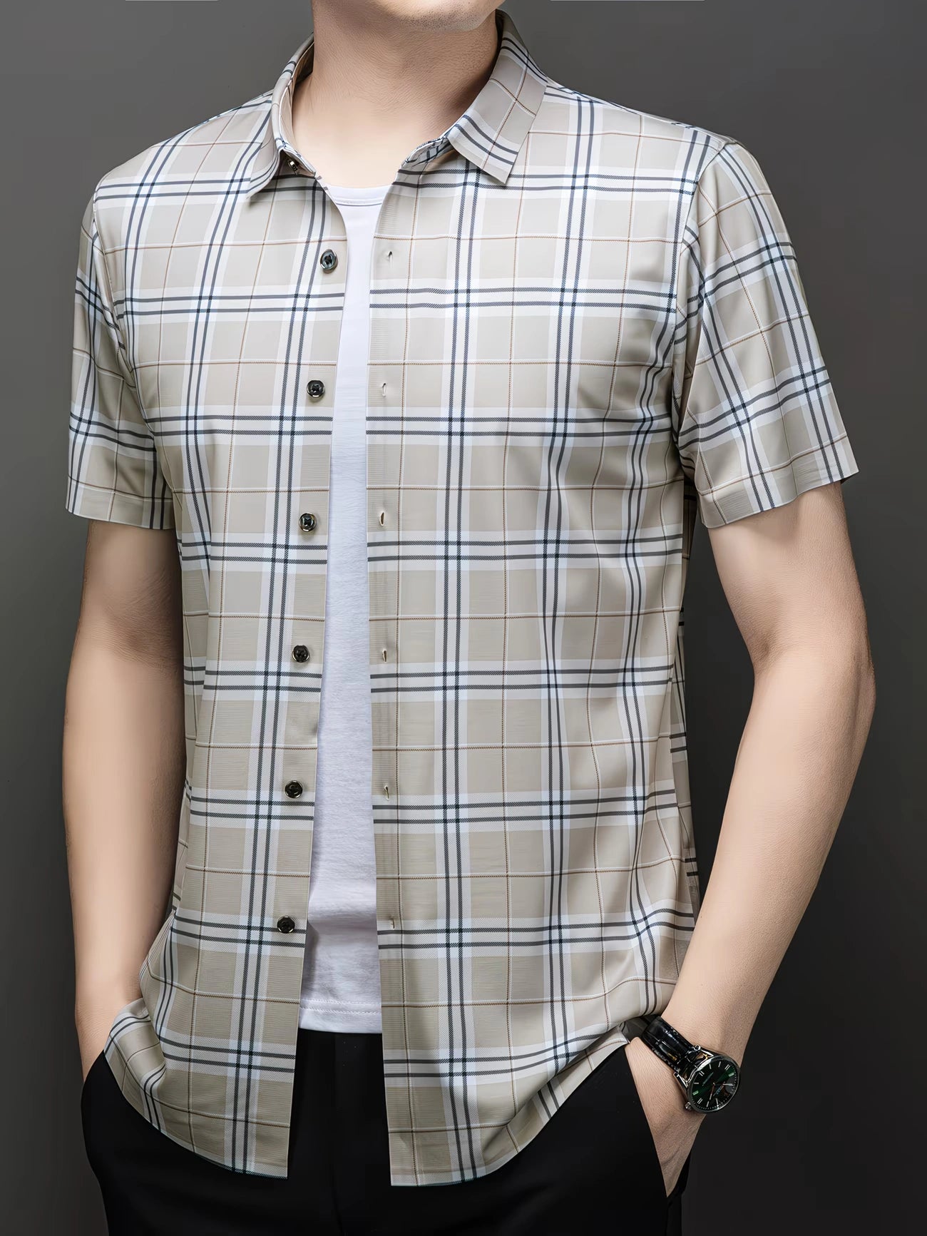 Jiskavi warm beige heritage plaid slim fit half sleeve shirt worn open over white tee — front view on model