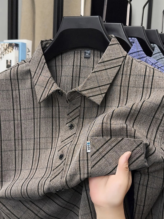 Jiskavi Warm Khaki Melange Stripe Shirt – Collar & Fabric Detail