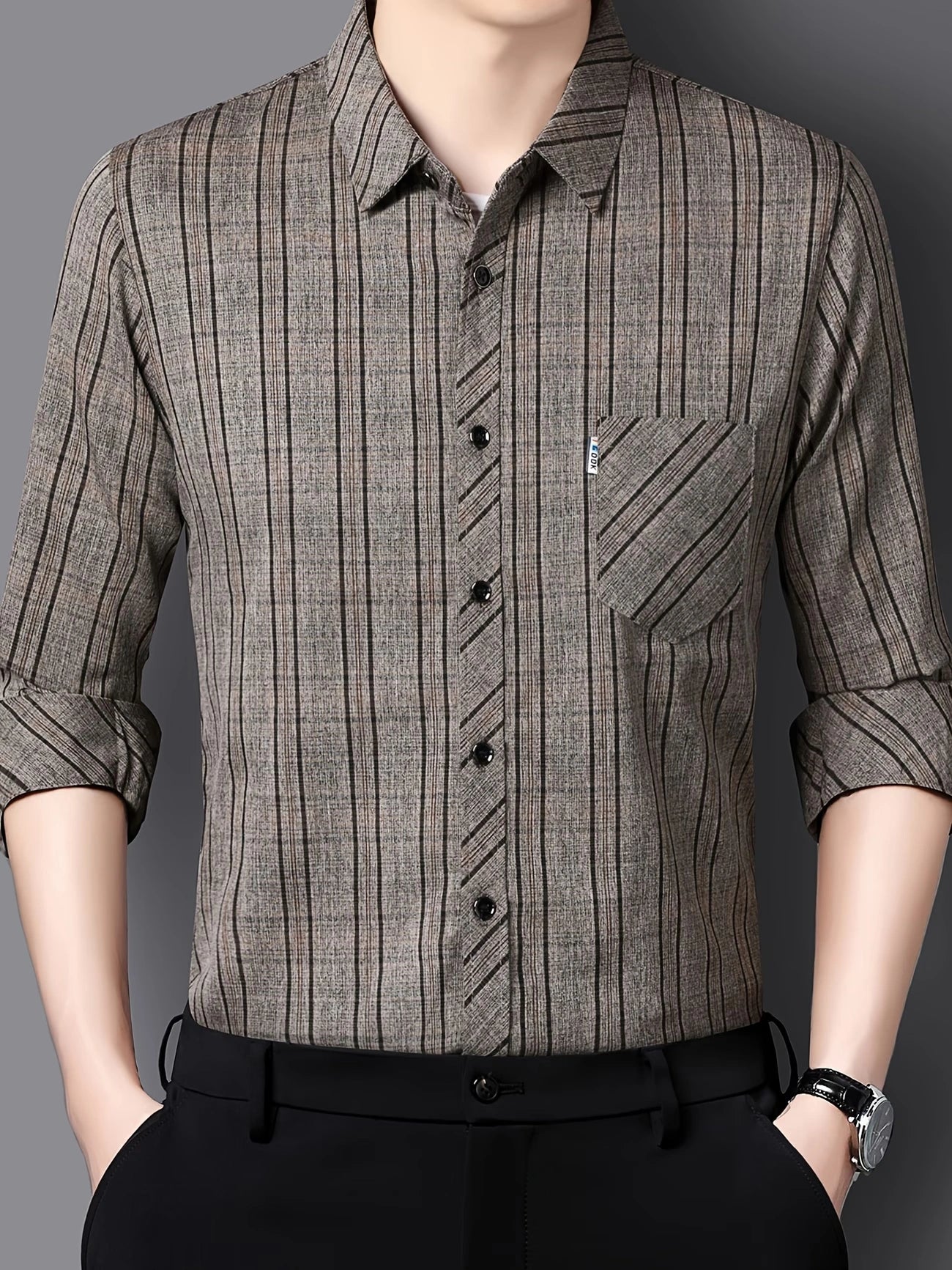 Jiskavi Warm Khaki Melange Pinstripe Casual Shirt – Front Model View