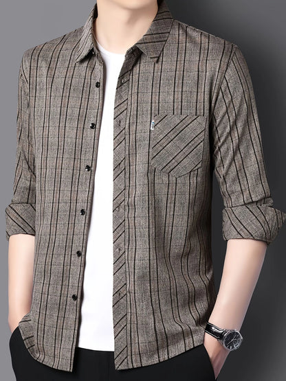 Jiskavi Warm Khaki Stripe Shirt – Open Layer Style over White Tee