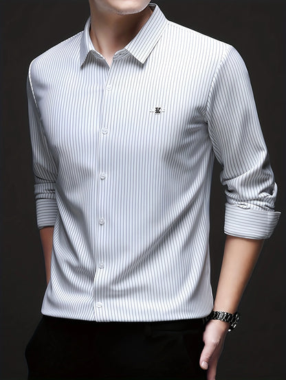 Jiskavi white graphite pinstripe slim fit full sleeve stretch shirt — full front view