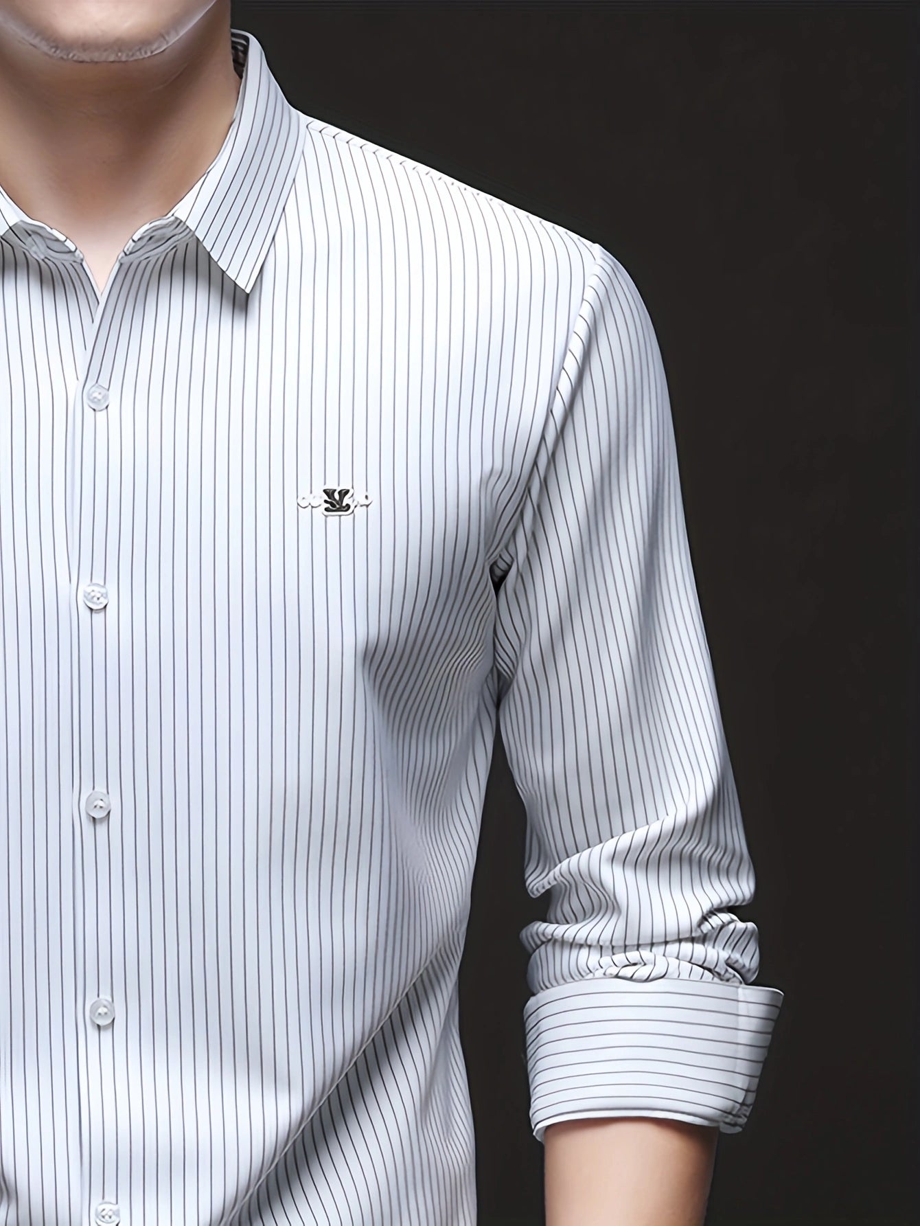 Jiskavi white pinstripe formal shirt — metal emblem badge on left chest clean front panel