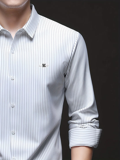 Jiskavi white pinstripe formal shirt — metal emblem badge on left chest clean front panel