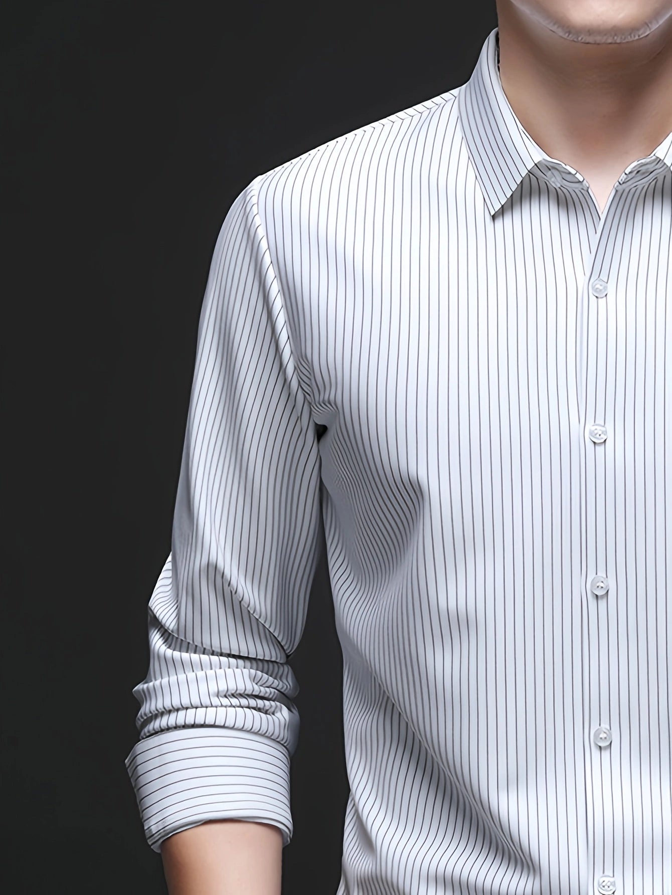 Jiskavi white pinstripe stretch shirt — single button barrel cuff rolled back detail