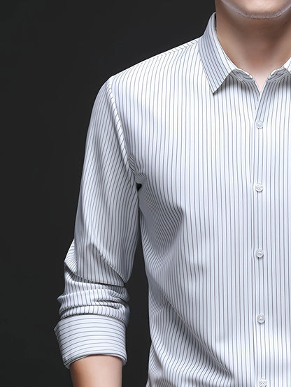 Jiskavi white pinstripe stretch shirt — single button barrel cuff rolled back detail