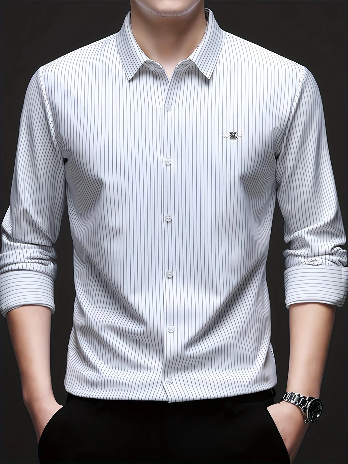 Jiskavi optic white pinstripe slim fit full sleeve men's formal shirt — front view